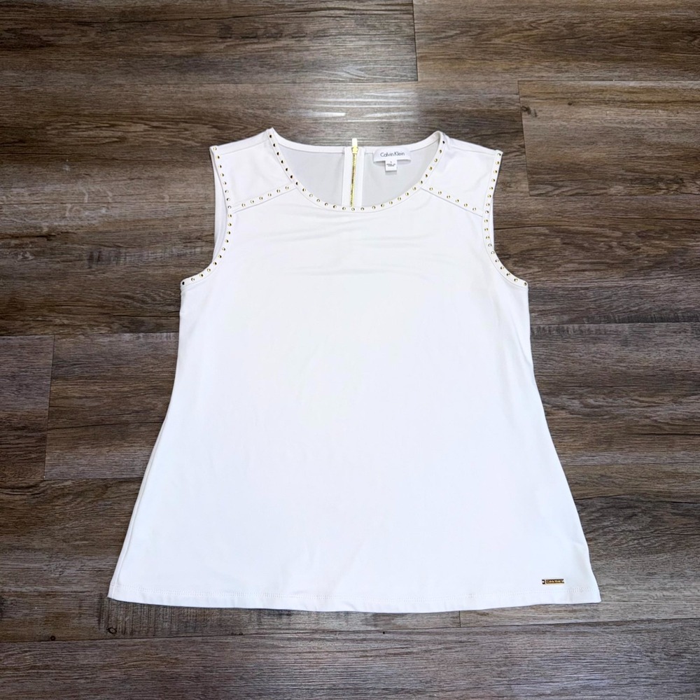 Calvin Klein White Sleeveless Knit Top Womens L Crew Neckline Gold Stud Details